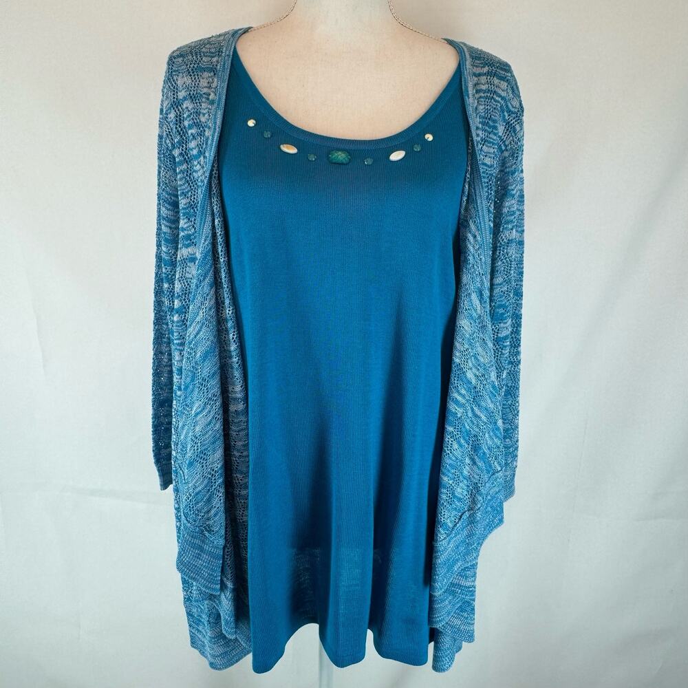 Sag Harbor Women's two piece beaded blue sweater attached Flowy 1X Extra Grande